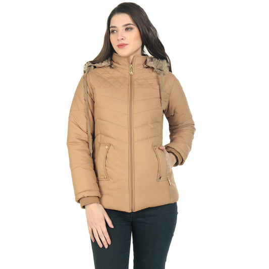 Xohy Women's Beige Winter Wear Full Sleeve Solid Puffer Jacket