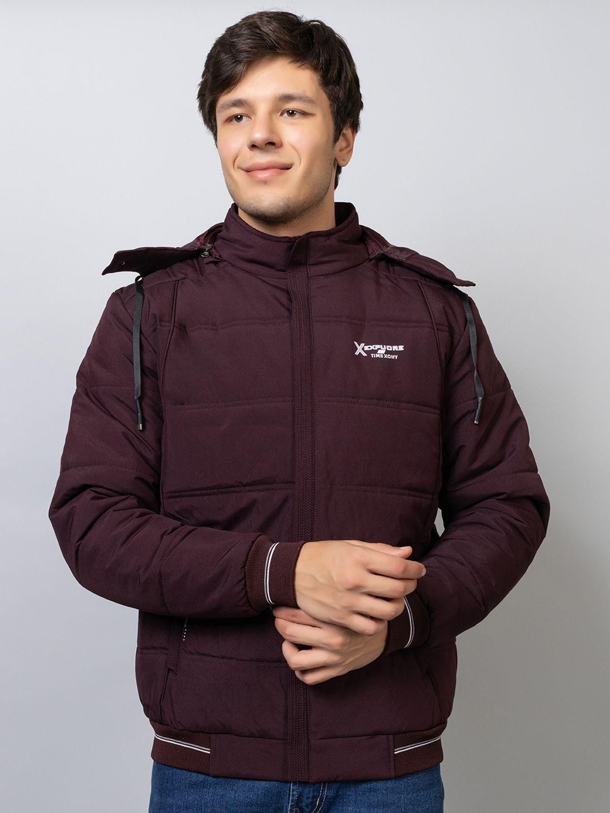 Xohy Men's Full Sleeve Tailored Puffer Wine Hooded Jacket