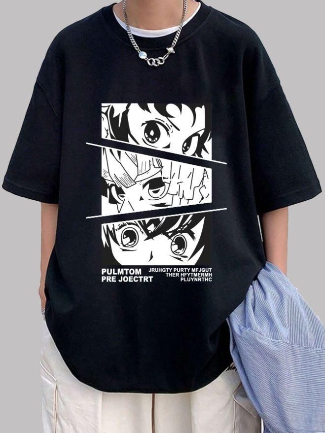 Anime Men's Cotton  Black Oversized  Printed T-Shirt