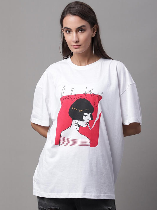 DOOR74 Women's PRINTED WHITE OVERSIZE TSHIRT