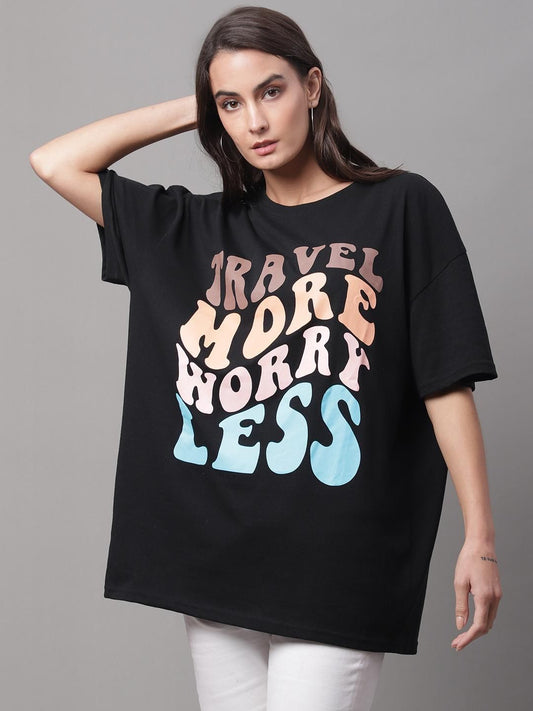 DOOR74 Women's PRINTED BLACK OVERSIZE TSHIRT