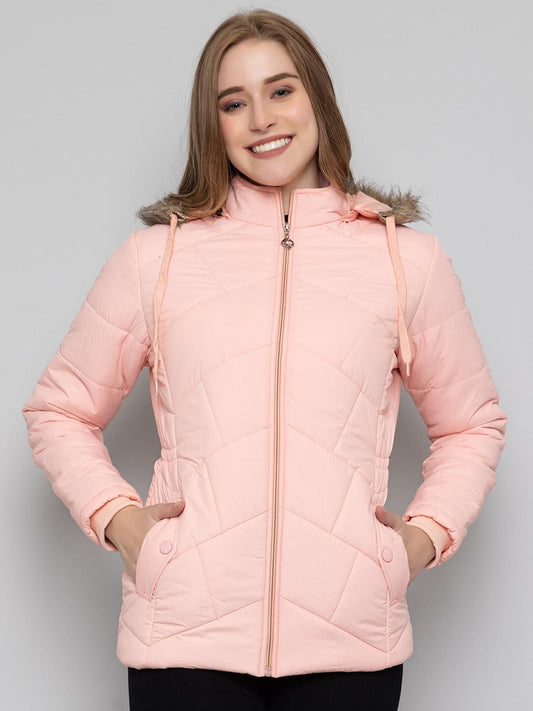 Xohy Women's Lightpink Winter Wear Full Sleeve Solid Puffer Jacket